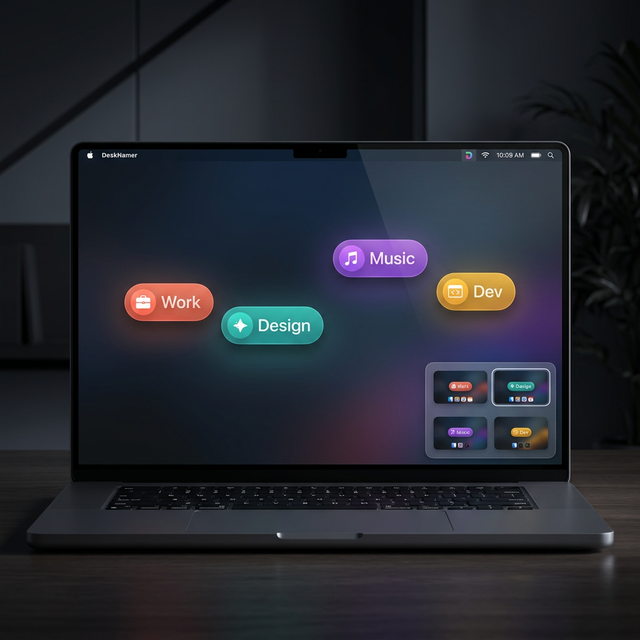 DeskNamer app showing colourful named desktop labels on a MacBook Pro